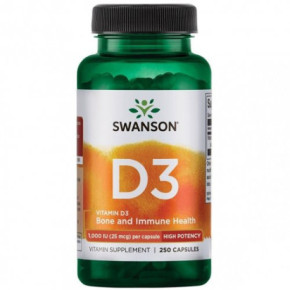 SWANSON High Potency Vitamin D3 1.000 IU (25mcg) Bone and Immune Health 250 kapsulių