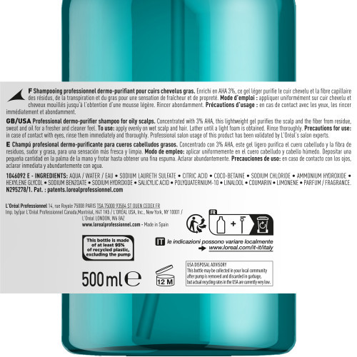 L'Oréal Professionnel Scalp Advanced Anti-Oiliness Dermo-Purifier Shampoo 500ml